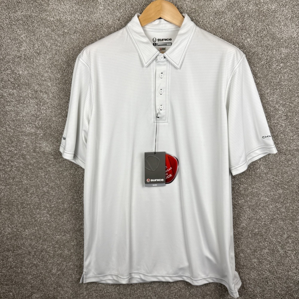 Sunice Polo Shirt Mens XXL Silver White Striped Short Sleeve Stretch Xstatic New